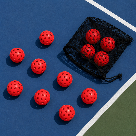 Pack de 12 balles de pickleball rouges perforées à 40 trous et sac de rangement en filet.