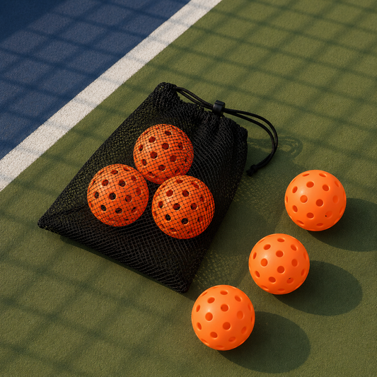 Set de 6 balles de pickleball oranges extérieures avec son sac de transport en filet noir posé sur le court.