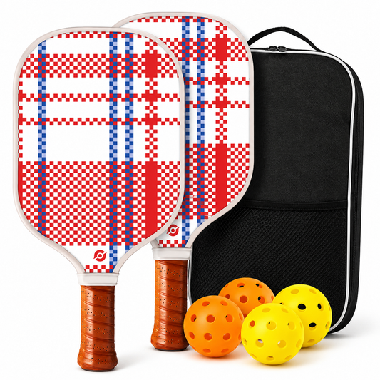 Set pickleball Gridline avec 2 raquettes rouge et bleu, 4 balles et sac de transport noir sur fond blanc