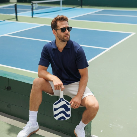 Joueur tenant la raquette de pickleball Tide sur terrain.