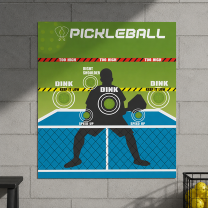 Pad mural d'entraînement de pickleball collé sur un mur en blocs de béton gris, affichant des cibles pour travailler le dink