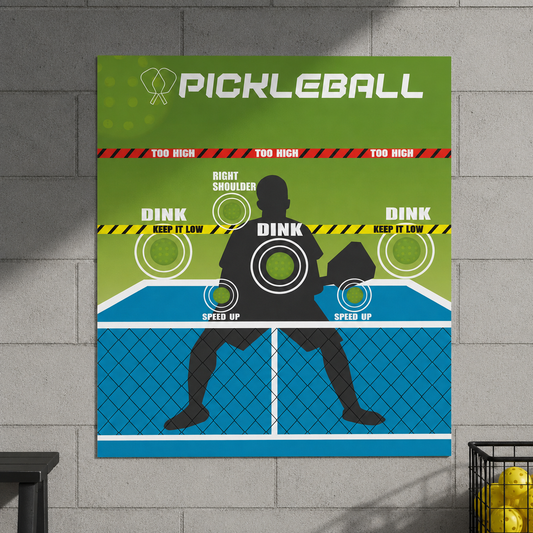 Pad mural d'entraînement de pickleball collé sur un mur en blocs de béton gris, affichant des cibles pour travailler le dink