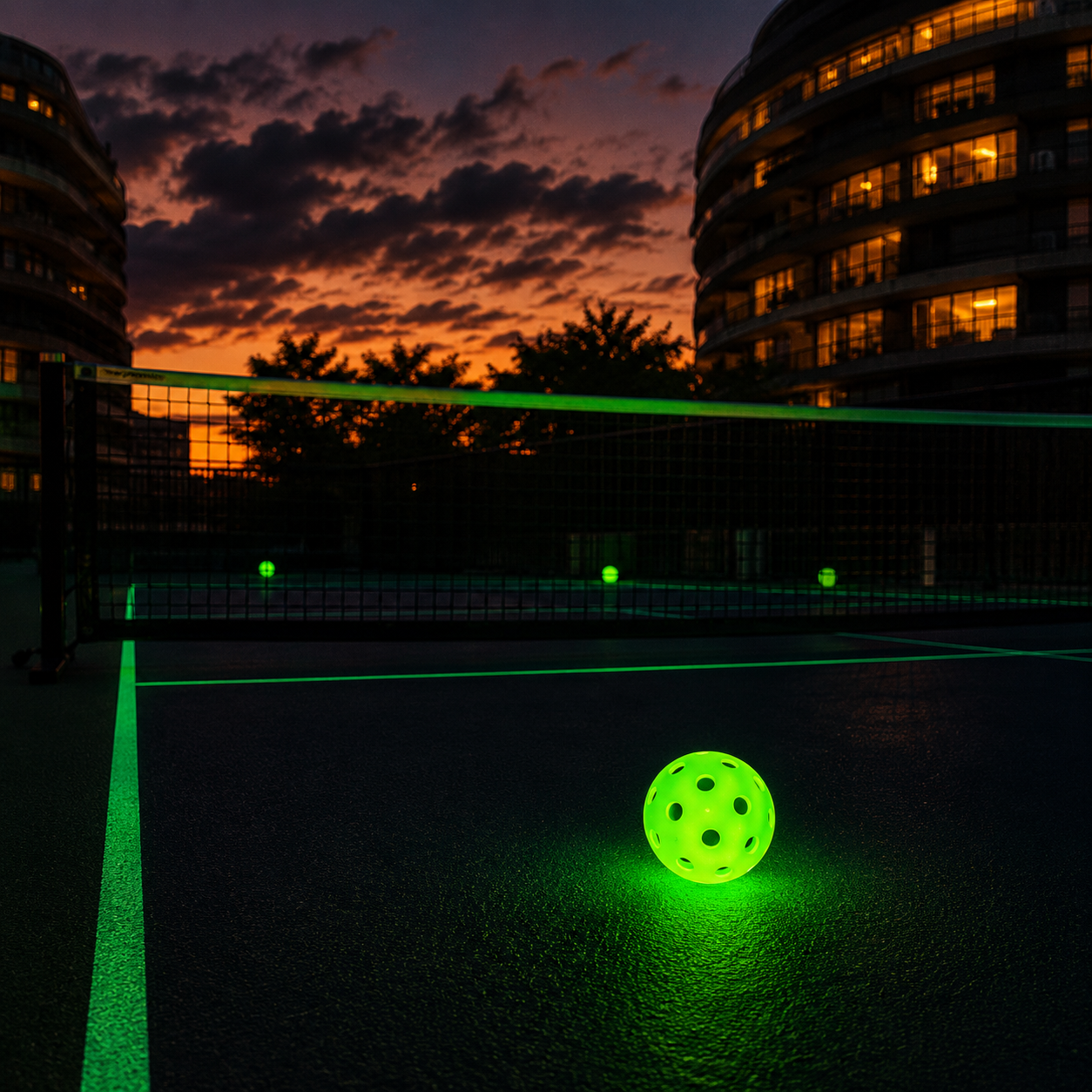 Balle de pickleball lumineuse LED vert fluo brillant intensément sur un court bleu à la tombée de la nuit.