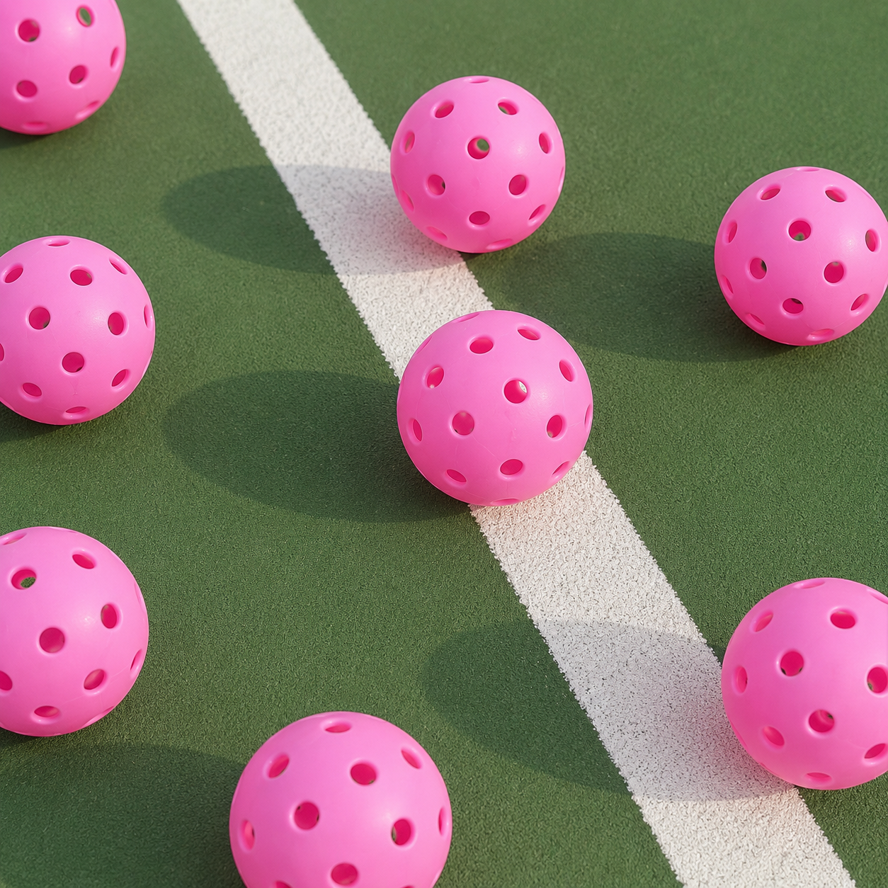 Plusieurs balles de pickleball roses éparpillées sur le revêtement vert et blanc d'un terrain extérieur.