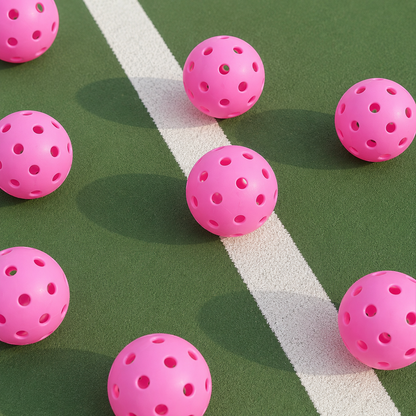 Plusieurs balles de pickleball roses éparpillées sur le revêtement vert et blanc d'un terrain extérieur.