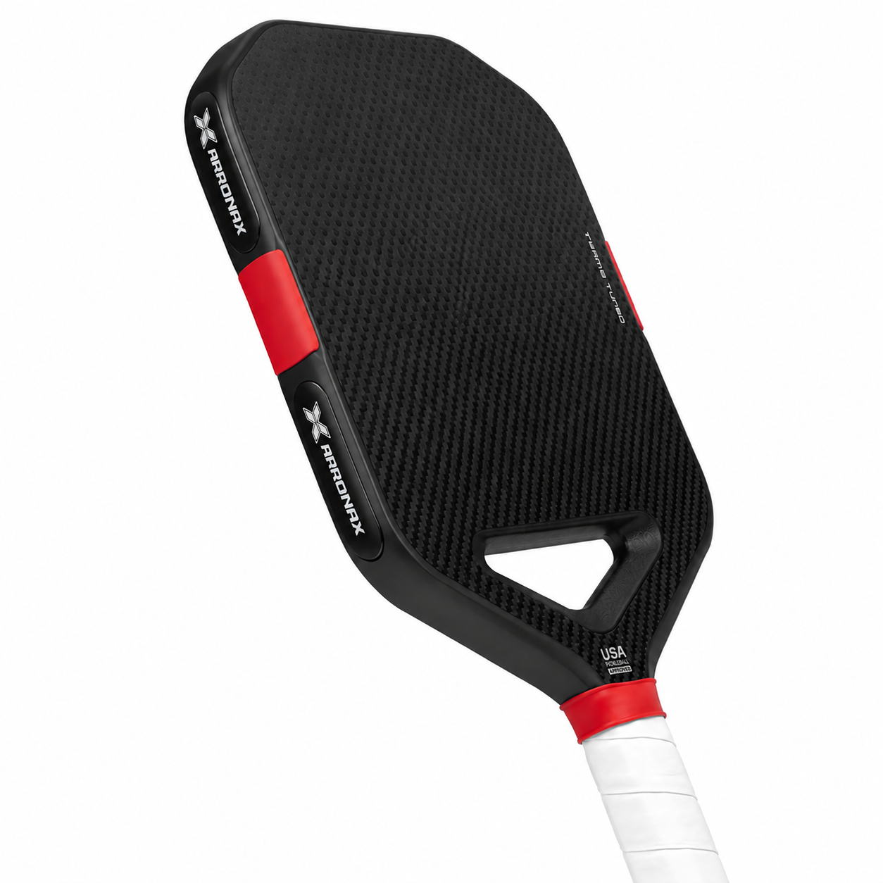 Bandes lestées noires de 3 grammes de la marque Arronax collées sur les bords d'une raquette de pickleball en carbone.