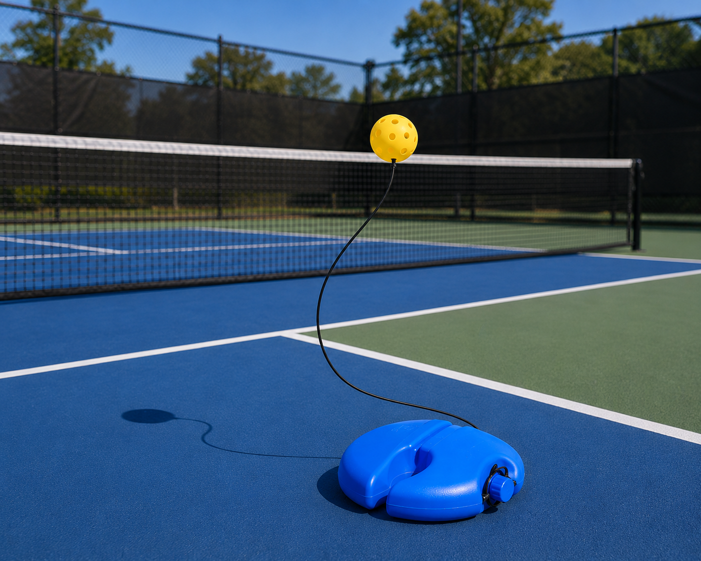 Socle bleu lestable de rebond pour le pickleball posé sur un terrain de sport avec sa balle jaune en l'air.