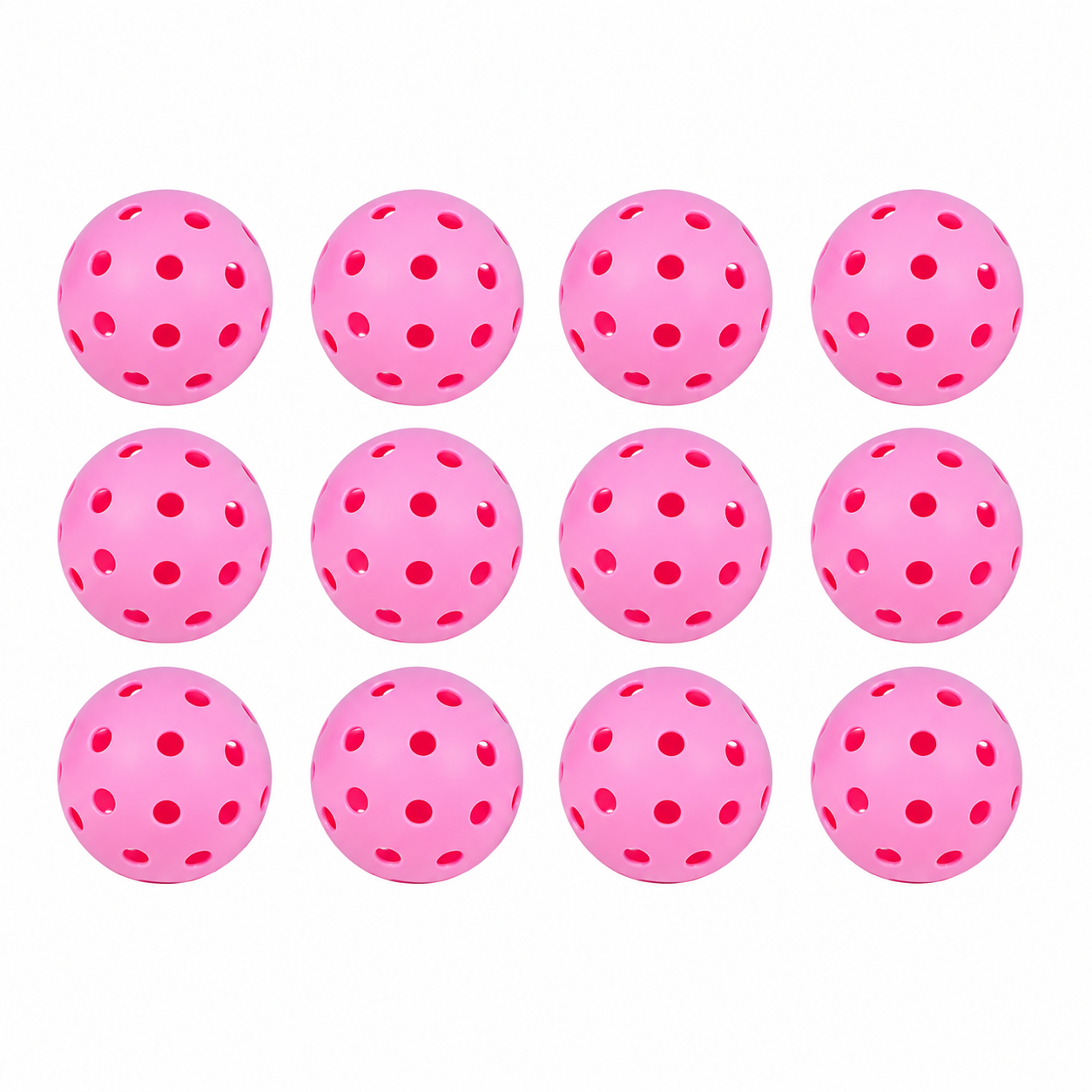 Set économique de 12 balles de pickleball roses haute visibilité alignées sur fond blanc.