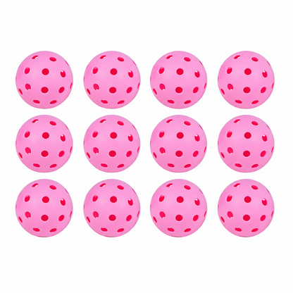 Set économique de 12 balles de pickleball roses haute visibilité alignées sur fond blanc.