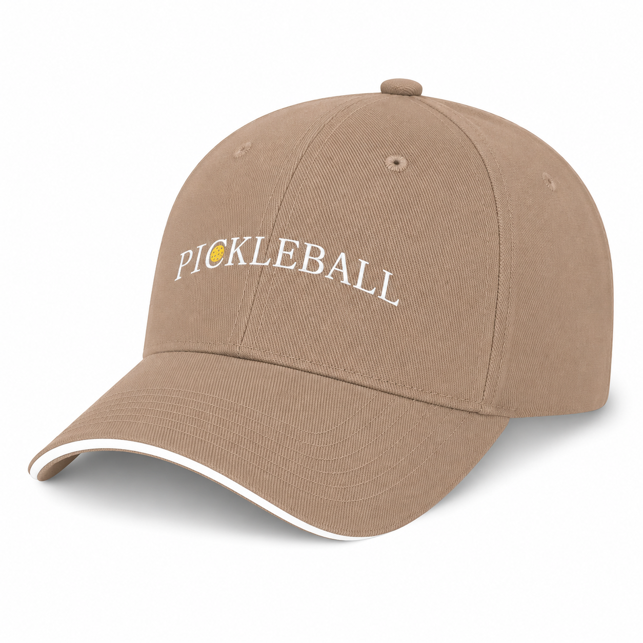Casquette de sport beige imprimée Pickleball avec liseré blanc sur la visière, vue de face.