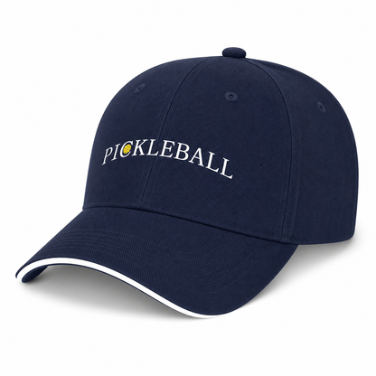 Casquette de sport bleu marine imprimée Pickleball avec visière et liseré blanc.