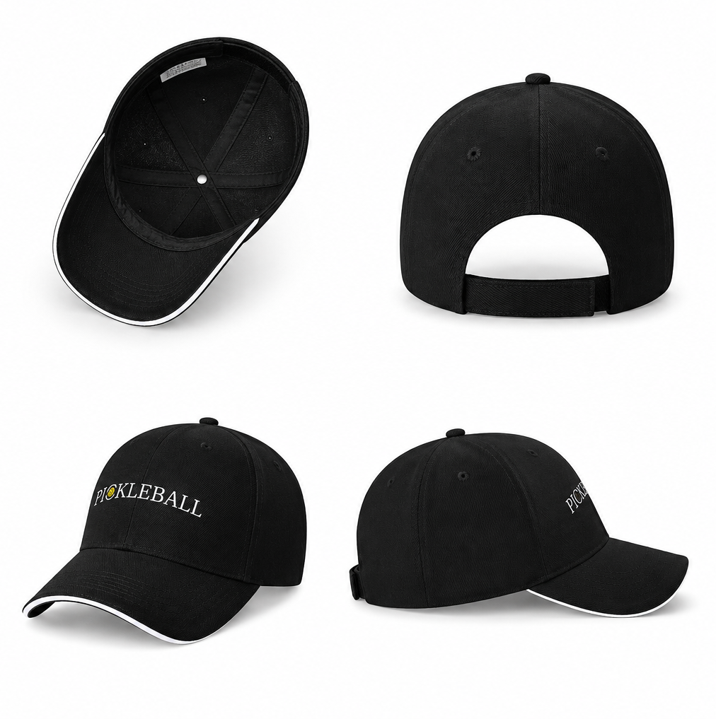 Montage photo montrant la casquette de pickleball noire sous quatre angles : intérieur, attache arrière, vue de face et de profil.