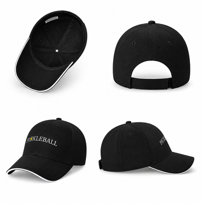Montage photo montrant la casquette de pickleball noire sous quatre angles : intérieur, attache arrière, vue de face et de profil.