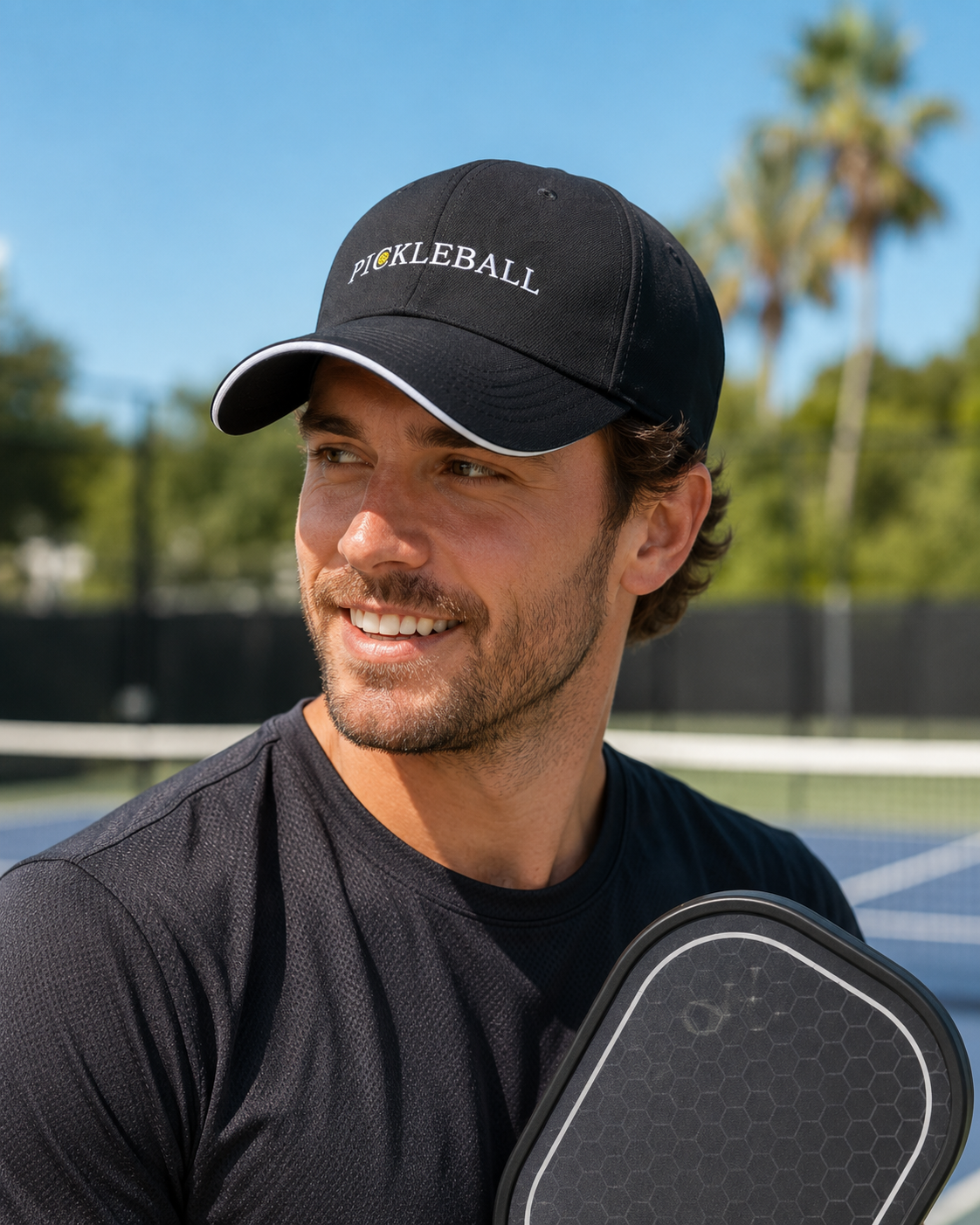 Joueur sur un terrain de sport avec une raquette, portant une casquette de pickleball noire imprimée.