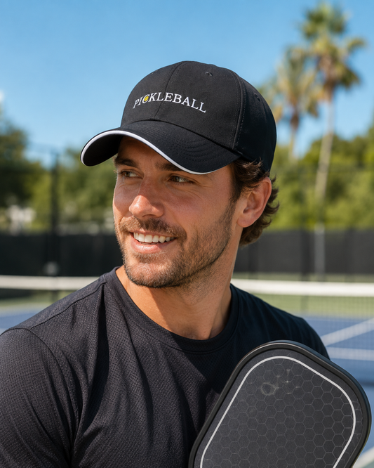Joueur sur un terrain de sport avec une raquette, portant une casquette de pickleball noire imprimée.