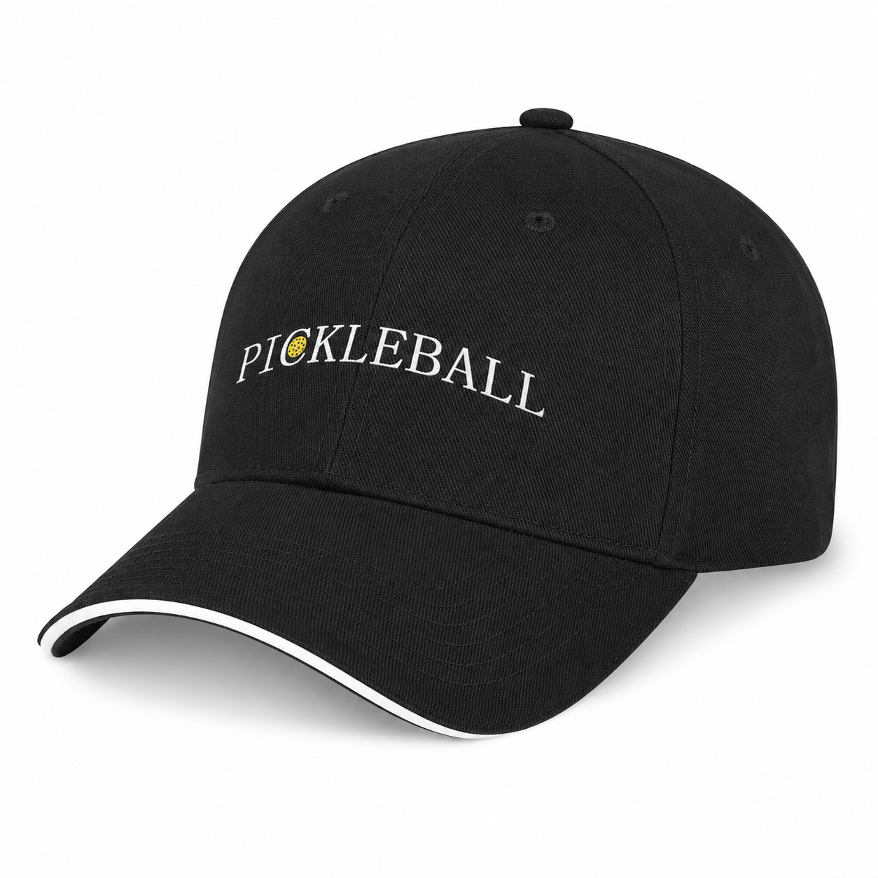 Casquette de sport noire imprimée Pickleball avec liseré blanc sur la visière, vue de face.