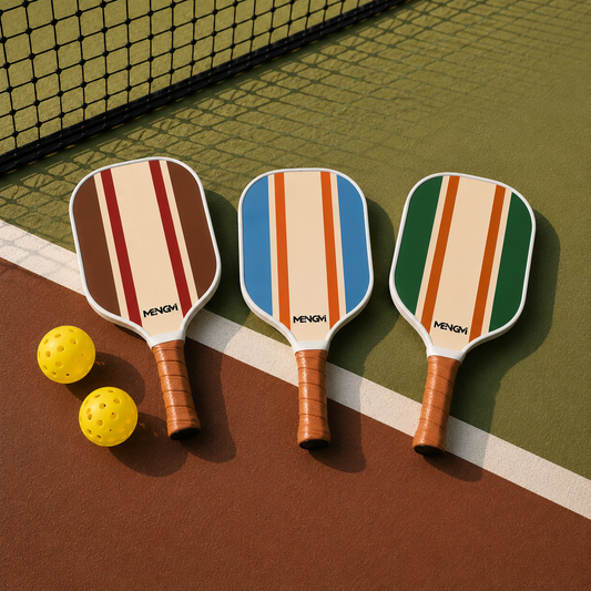 Les trois variantes de couleur (marron, bleu, vert) des raquettes de pickleball rétro de la collection Pack Solo.