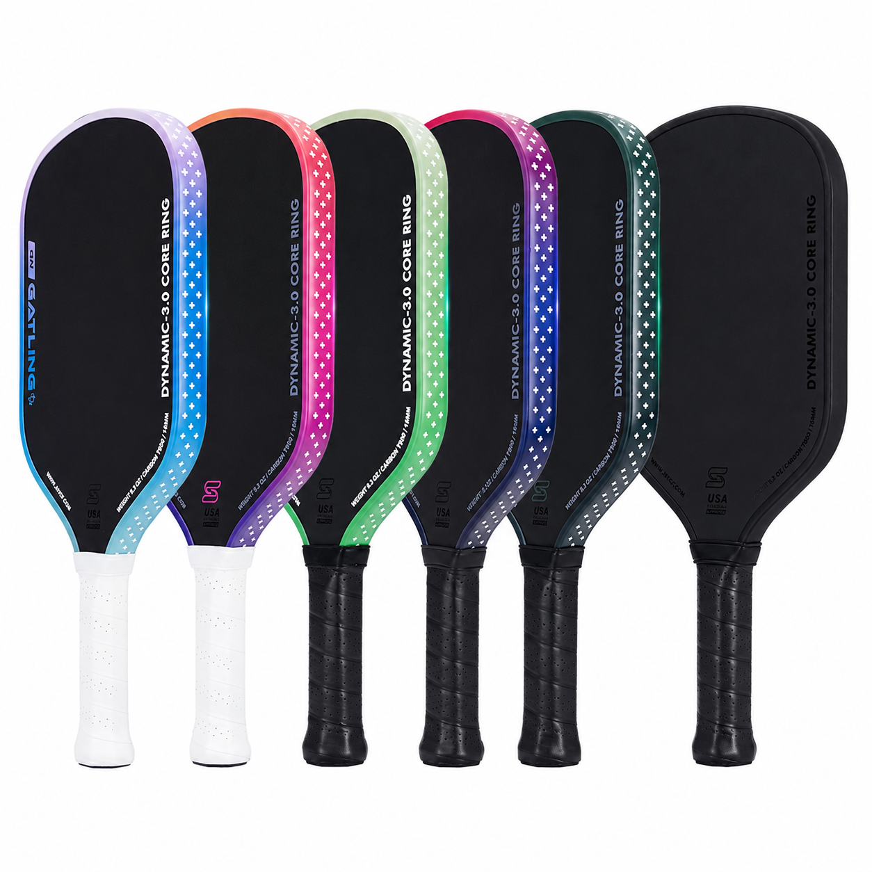 Gamme complète des raquettes Gen5 T800 déclinées en plusieurs couleurs pastel et noir intense, alignées sur fond blanc.