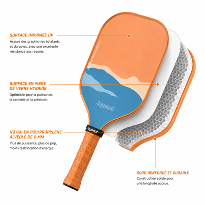 Schéma technique éclaté de la raquette de pickleball Horizon montrant la surface imprimée UV, la fibre de verre hybride, le noyau alvéolé en polypropylène et le bord renforcé.