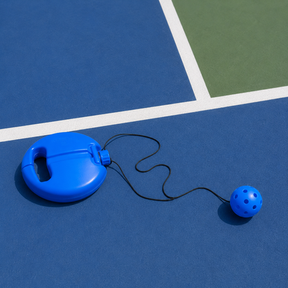 Rebounder de pickleball pour entraînement individuel avec socle bleu et balle perforée bleue.