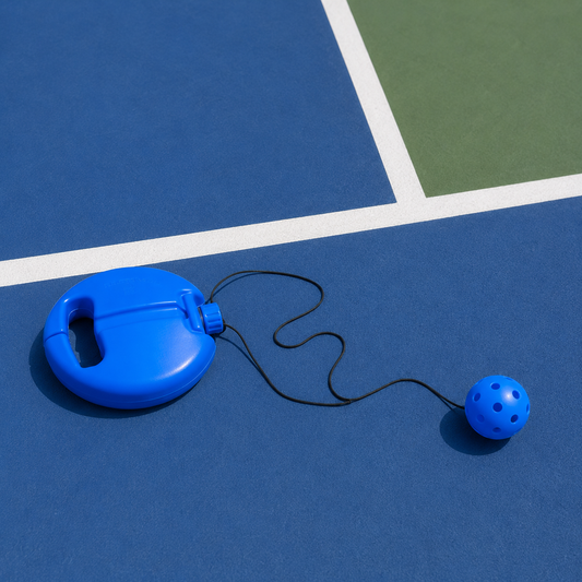 Rebounder de pickleball pour entraînement individuel avec socle bleu et balle perforée bleue.