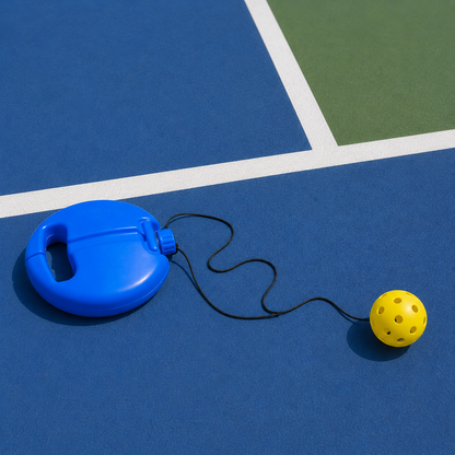 Socle d'entraînement de pickleball en autonomie avec cordon élastique et balle jaune réglementaire.