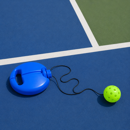 Entraîneur de pickleball solo avec socle bleu à lester et une balle reliée élastique vert lime haute visibilité.
