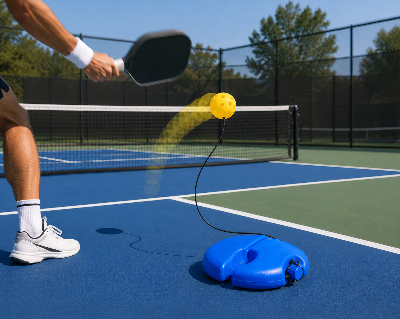 Joueur de profil frappant dans la balle jaune d'un entraîneur de pickleball solo sur un terrain extérieur.