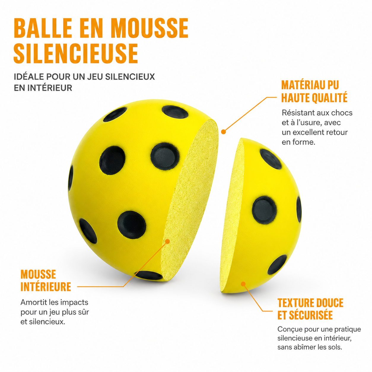 Infographie en français expliquant la composition de la balle en mousse silencieuse Smashline en polyuréthane expansé.