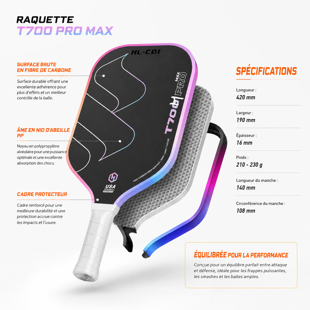Infographie en français de la raquette T700 Pro Max détaillant les dimensions, le poids de 210-230g et l'âme en nid d'abeille PP.