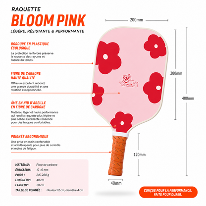 Fiche technique en français de la raquette Bloom Pink détaillant ses dimensions de 40x20 cm et sa structure en nid d'abeille carbone.