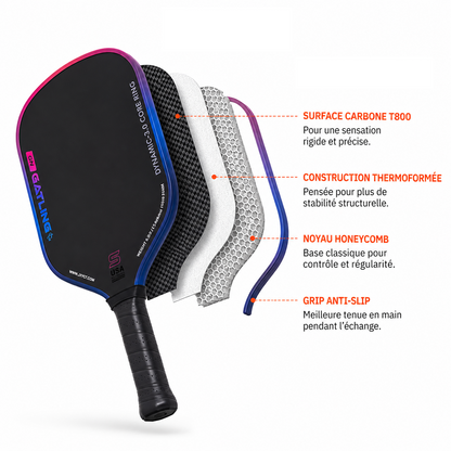 Infographie en français de la raquette Gen5 T800 montrant la construction thermoformée, le noyau honeycomb et la surface carbone T800.