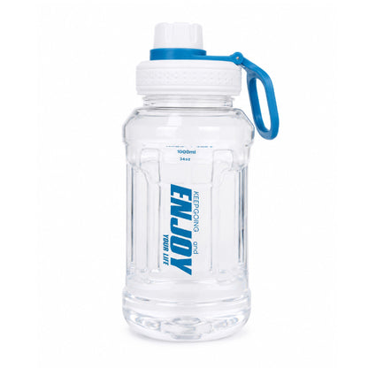 Gourde de sport transparente avec bouchon blanc et bleu, capacité 1000ml pour l'entraînement.