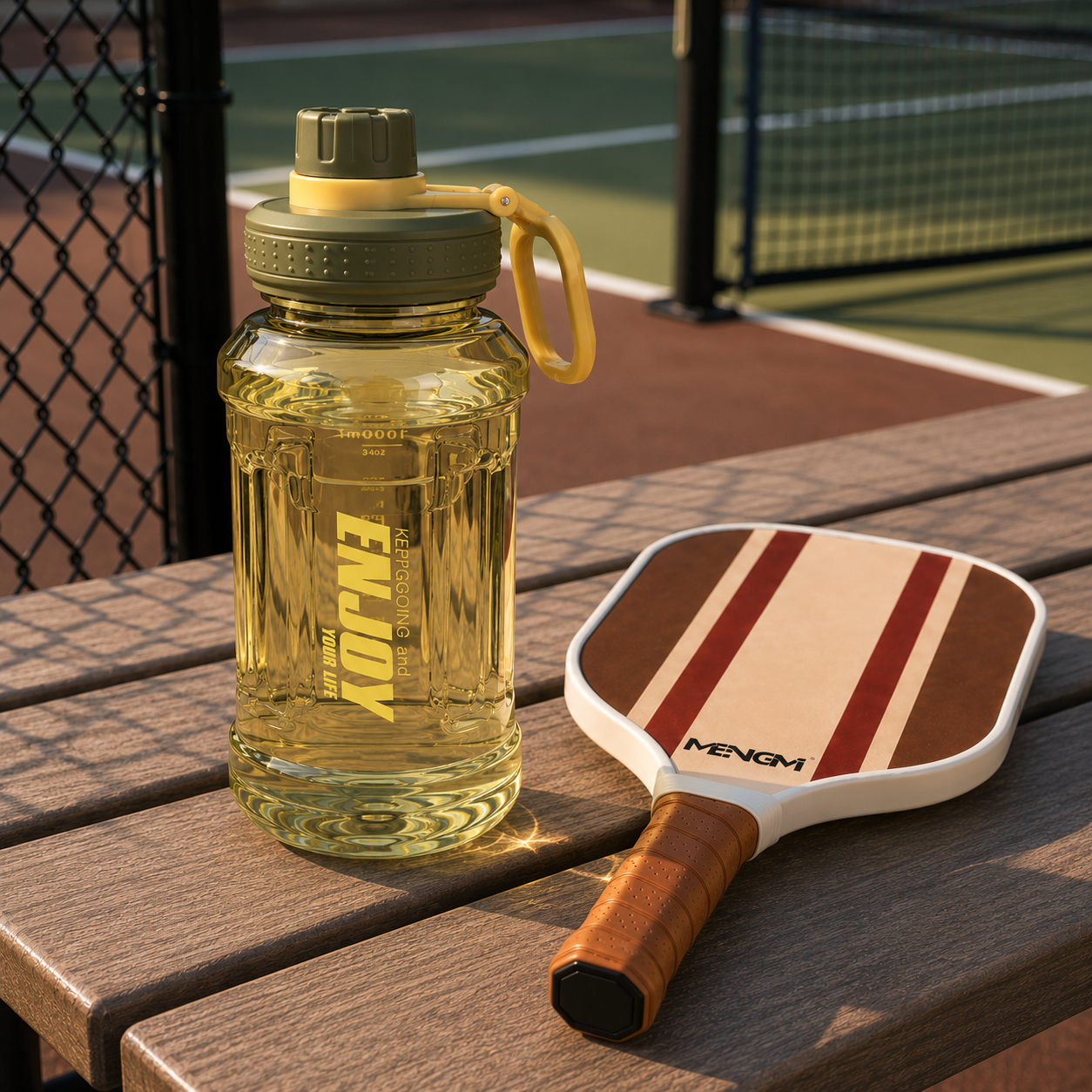 Gourde de sport 1000ml de couleur verte posée sur un banc en bois à côté d'une raquette de pickleball vintage.