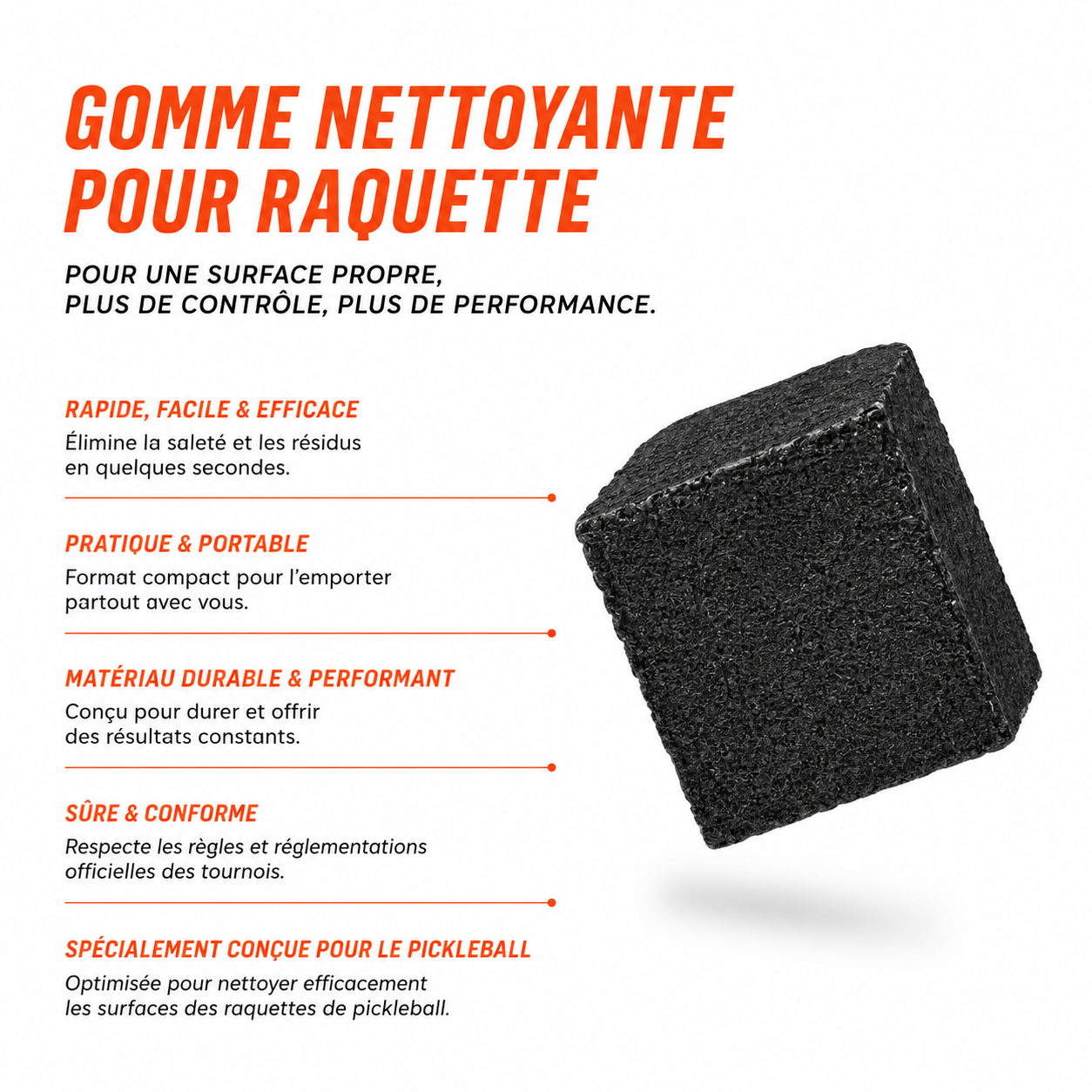 Infographie en français expliquant les avantages de la gomme nettoyante Smashline : rapide, durable et conforme aux tournois