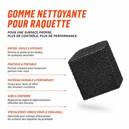 Infographie en français expliquant les avantages de la gomme nettoyante Smashline : rapide, durable et conforme aux tournois
