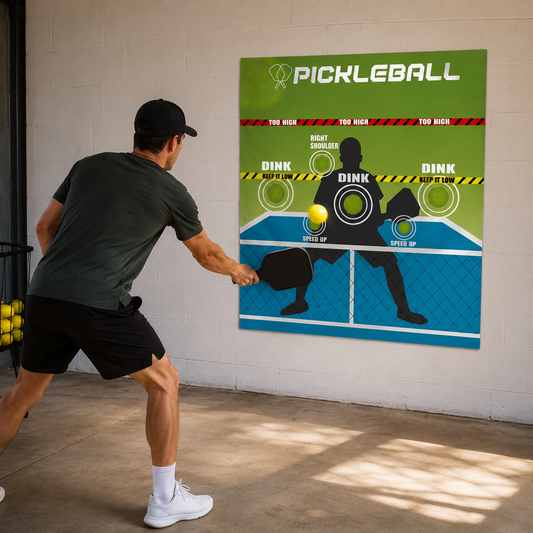 Un homme s'entraîne à frapper une balle jaune contre le pad mural de pickleball fixé dans un garage.