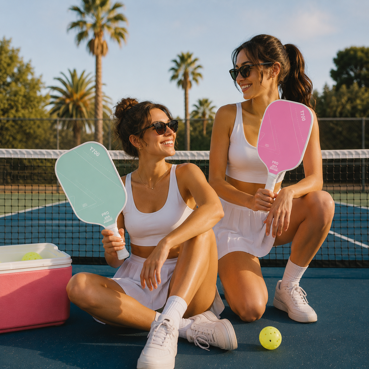Deux joueuses souriantes en tenue de sport blanche assises sur le court avec les raquettes T700 Pro rose et vert menthe.