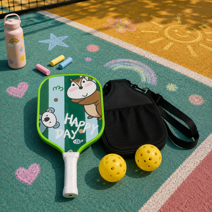 Raquette de pickleball verte pour enfant avec dessin de koala et écureuil, vendue en pack avec ses accessoires.