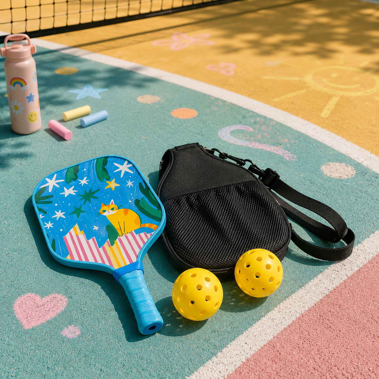 Pack de pickleball pour enfant avec une raquette bleue illustrée d'un chat jaune sous un ciel étoilé.