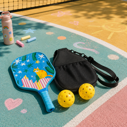 Pack de pickleball pour enfant avec une raquette bleue illustrée d'un chat jaune sous un ciel étoilé.
