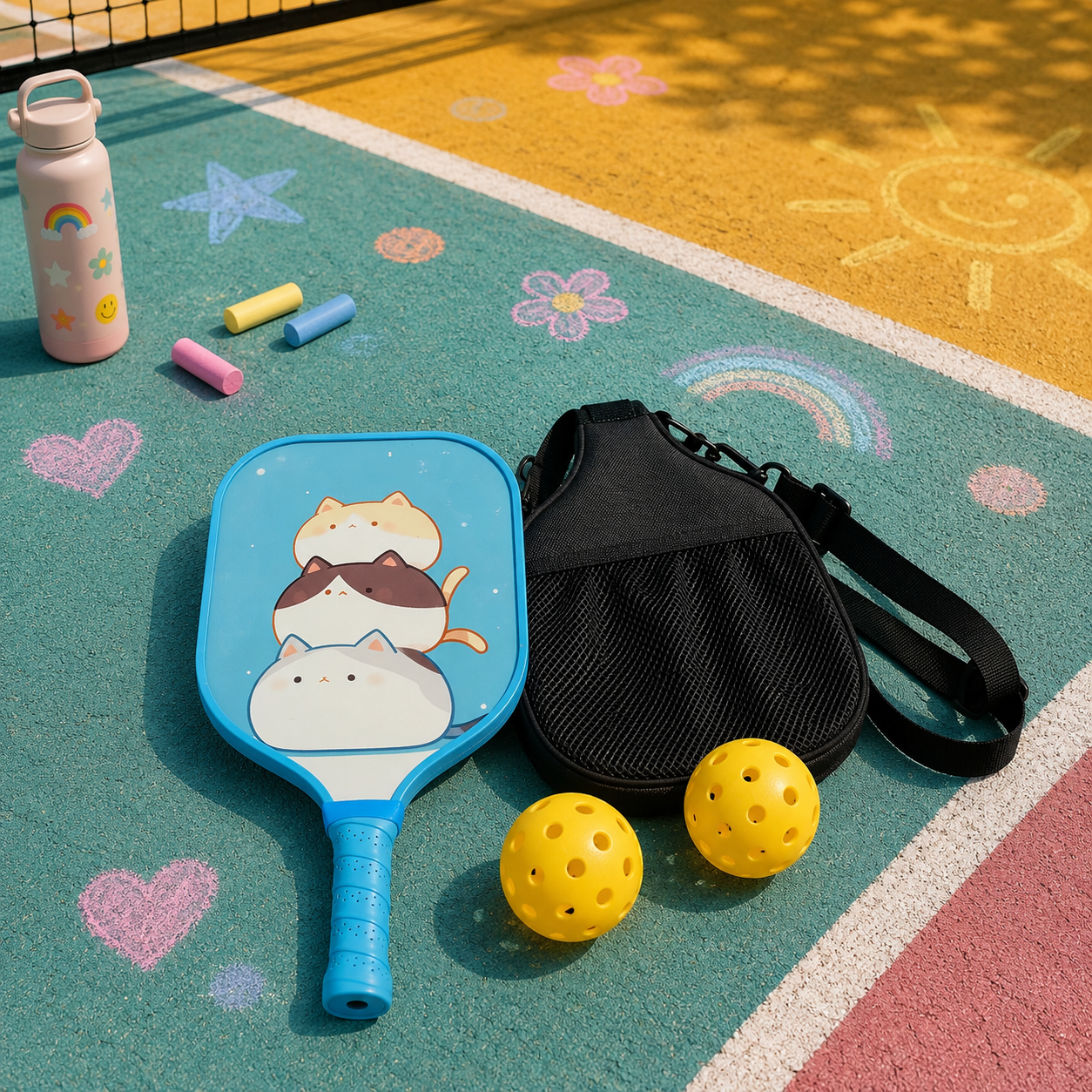 Équipement de pickleball junior comprenant une raquette bleue avec trois chats empilés style kawaii.