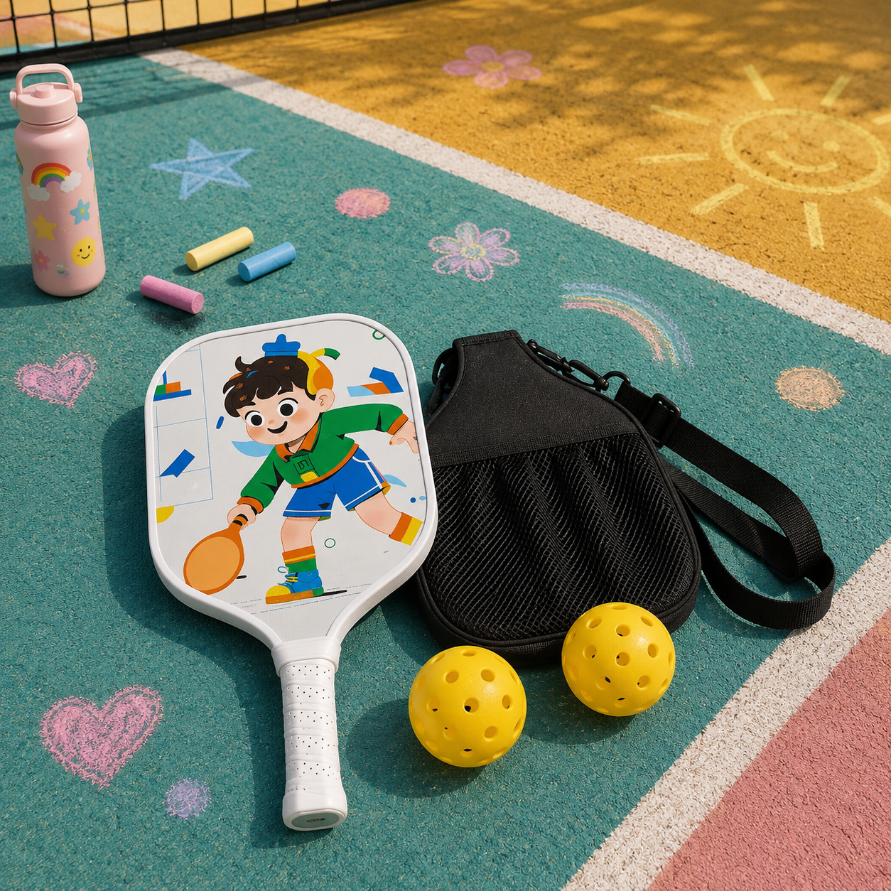Kit de pickleball junior avec une raquette illustrée d'un petit garçon joueur de tennis, housse et balles.