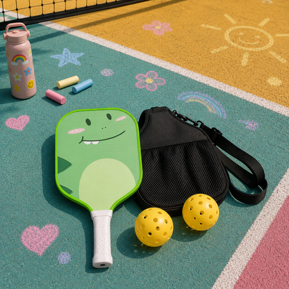 Pack solo de pickleball pour enfant comprenant une raquette dinosaure vert mignon, deux balles et une housse noire.