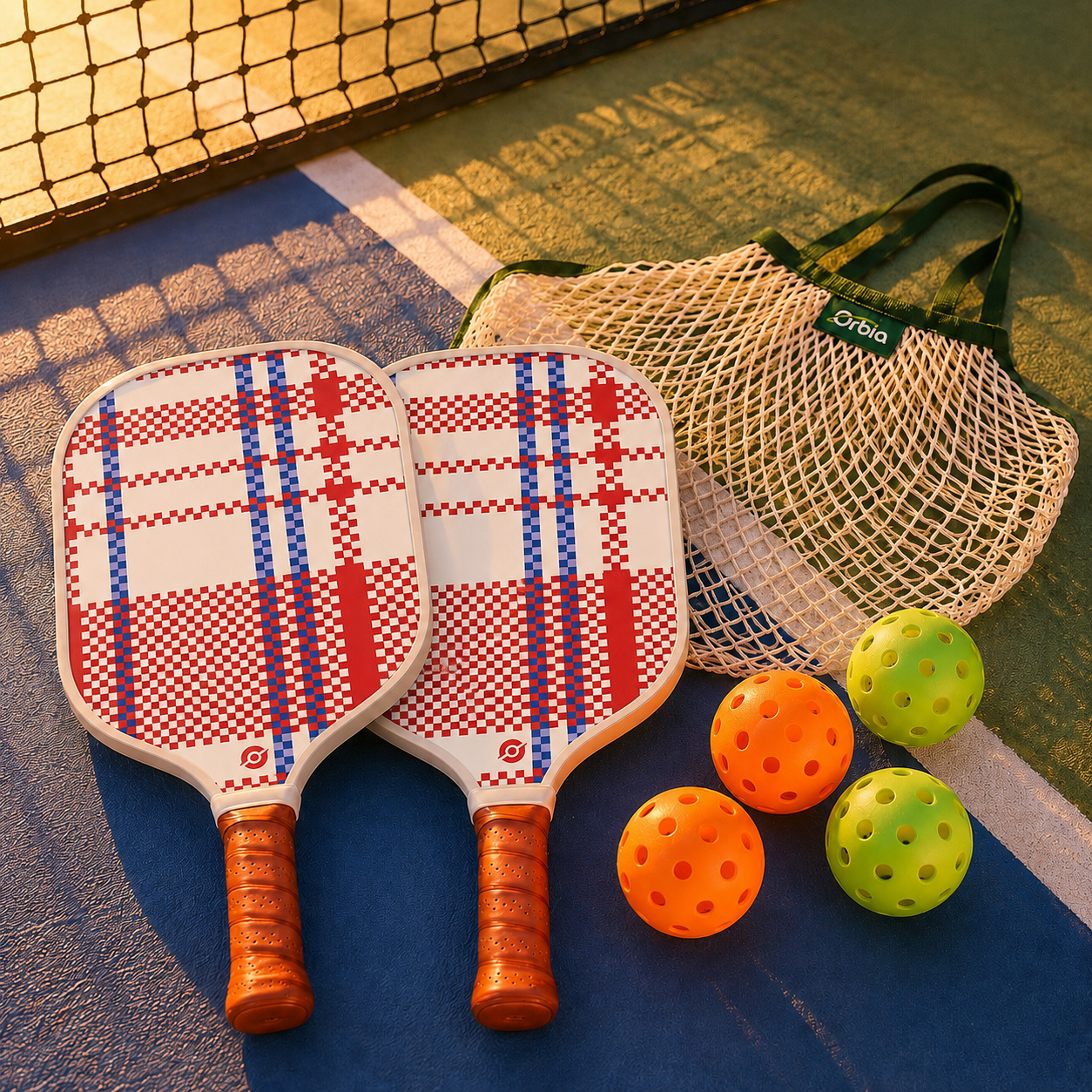 Kit pickleball Gridline avec 2 raquettes rouge et bleu, 4 balles et sac filet posé sur un terrain de pickleball au coucher du soleil