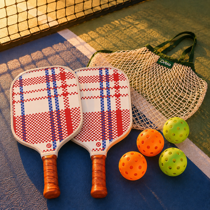 Kit pickleball Gridline avec 2 raquettes rouge et bleu, 4 balles et sac filet posé sur un terrain de pickleball au coucher du soleil