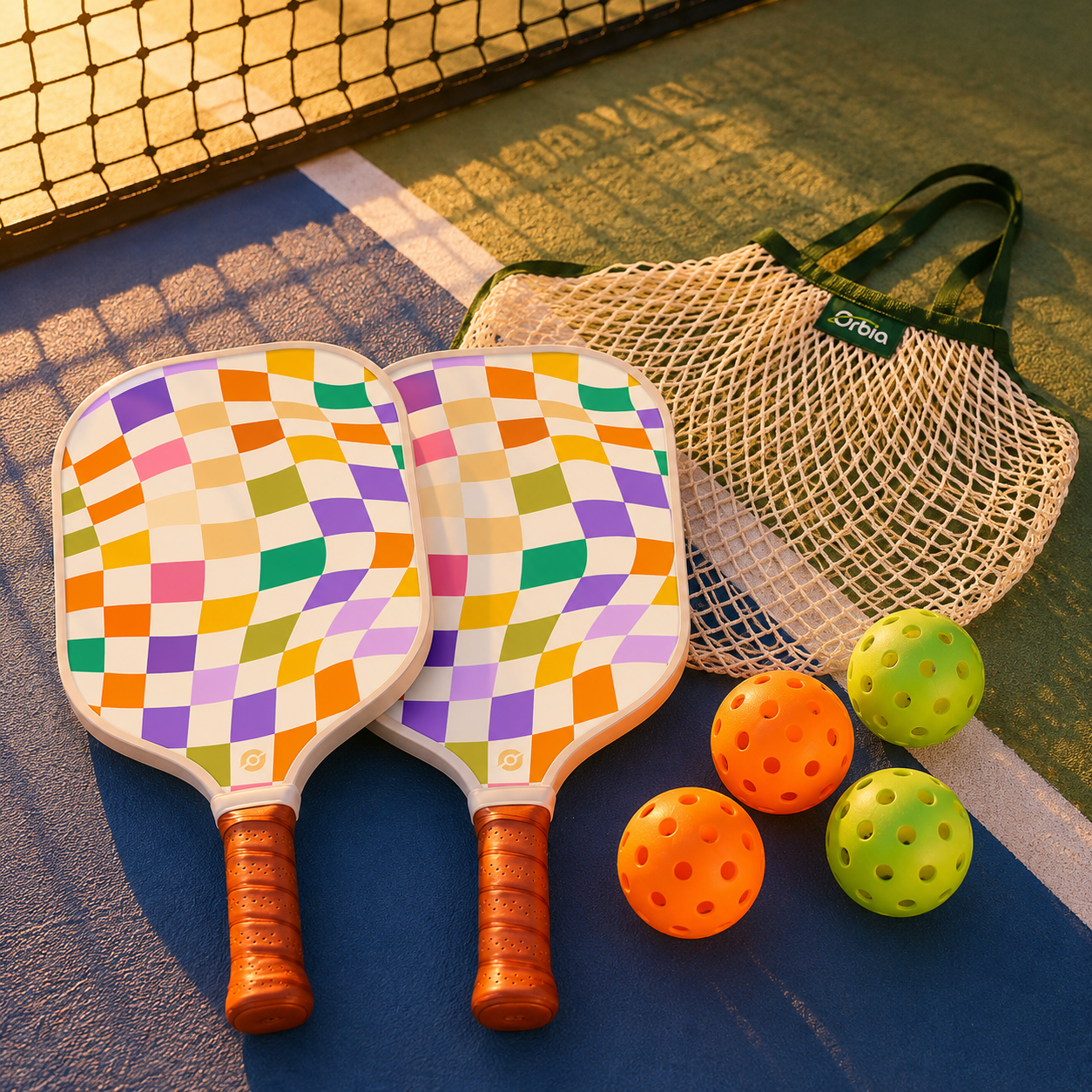 Kit pickleball Mosaic avec 2 raquettes, 4 balles et sac filet posé sur un terrain de pickleball