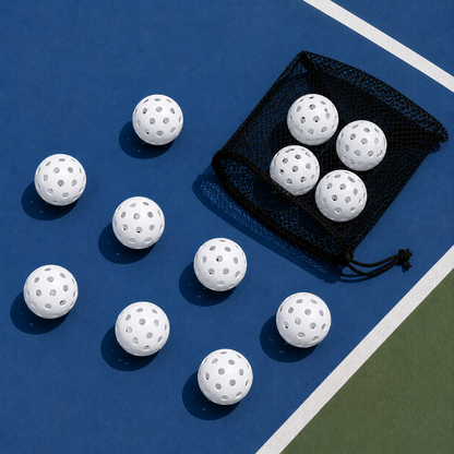 Lot de 12 balles de pickleball blanches pour l'extérieur avec leur filet de transport noir.