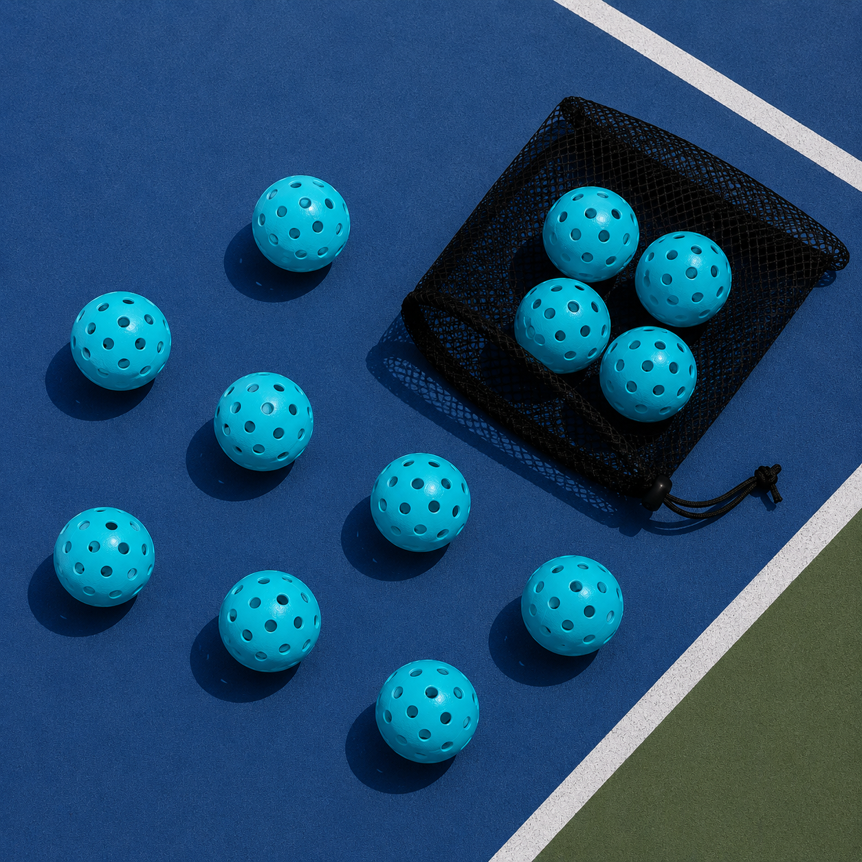 Balles de pickleball bleu ciel homologuées pour l'extérieur, vendues par pack de 12 avec filet.