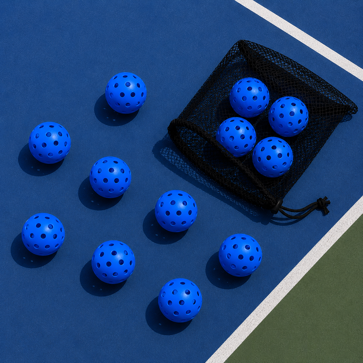 Sac de transport noir contenant un lot de 12 balles de pickleball bleu foncé sur un court.